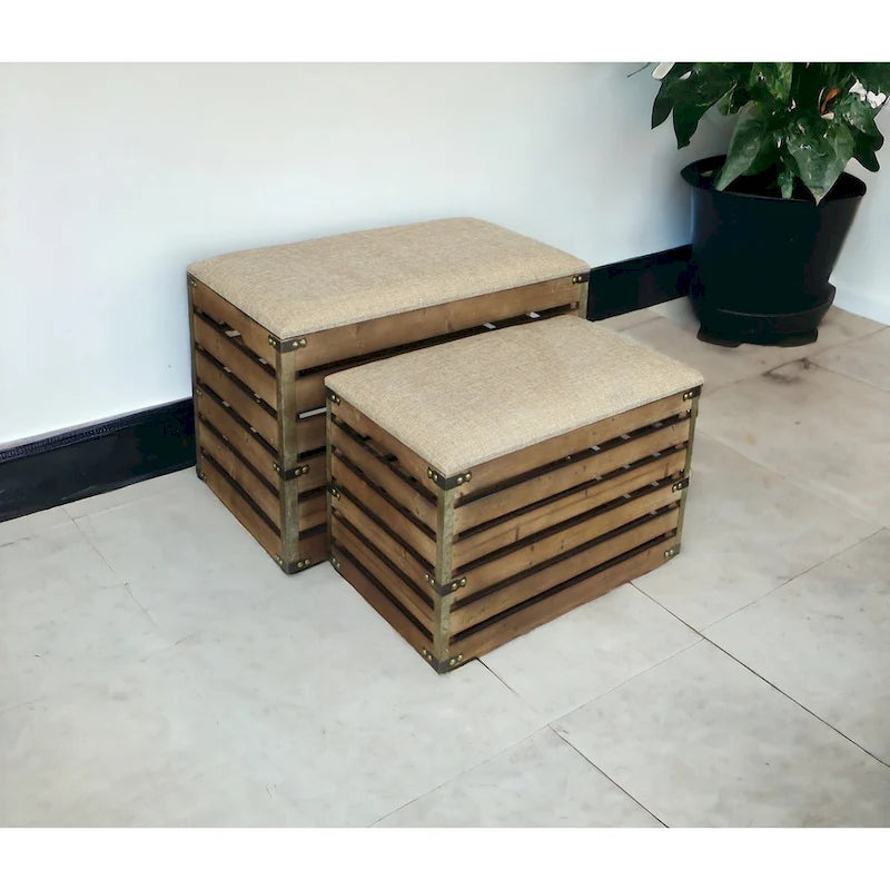 HomeRoots Set of Two Brown Wood Slat and Upholstery Storage Benches With Flip Top - 23.7 W x 14 D x 17.5 H