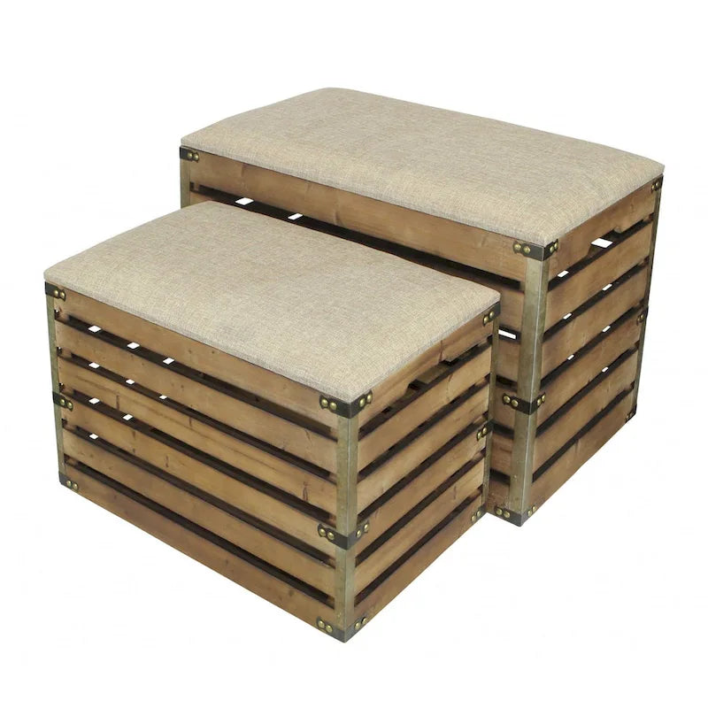 HomeRoots Set of Two Brown Wood Slat and Upholstery Storage Benches With Flip Top - 23.7 W x 14 D x 17.5 H