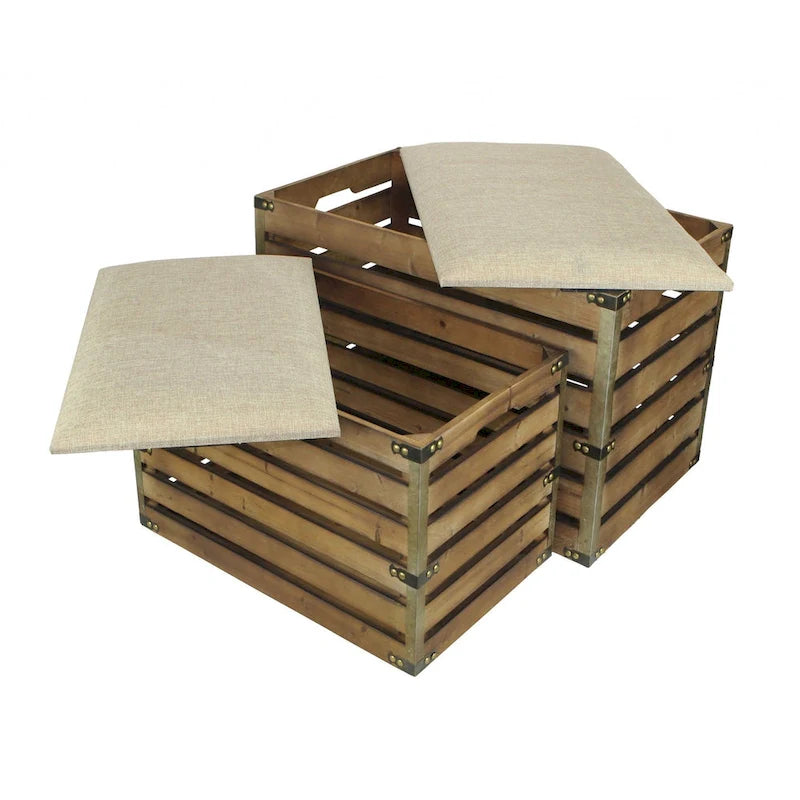 HomeRoots Set of Two Brown Wood Slat and Upholstery Storage Benches With Flip Top - 23.7 W x 14 D x 17.5 H