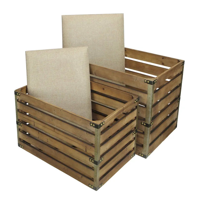 HomeRoots Set of Two Brown Wood Slat and Upholstery Storage Benches With Flip Top - 23.7 W x 14 D x 17.5 H
