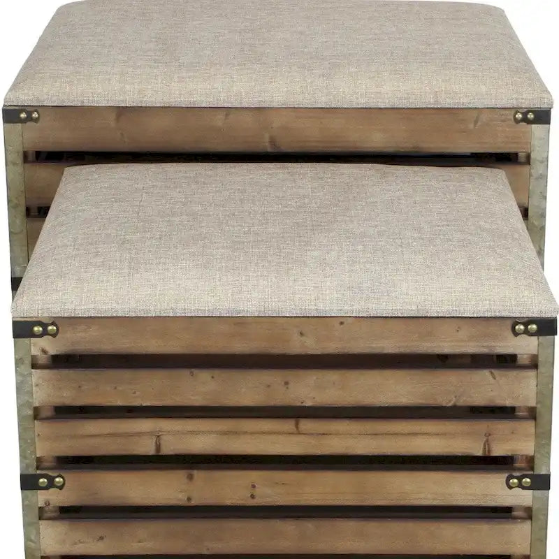 HomeRoots Set of Two Brown Wood Slat and Upholstery Storage Benches With Flip Top - 23.7 W x 14 D x 17.5 H