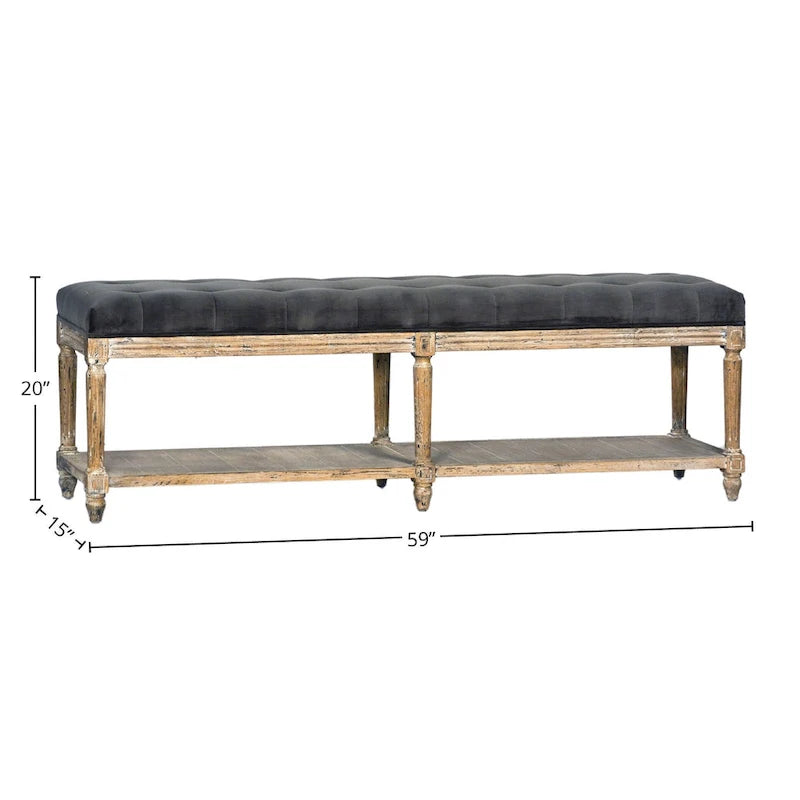 Mariel Upholstered Bench with Tufting and Shelf, Charcoal Grey