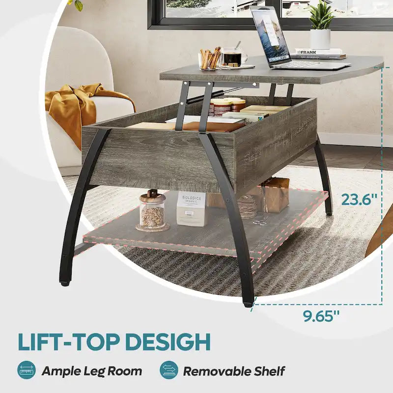 Lift Top Coffee Table Oval Wood Table with Hidden Storage Shelves - 41.5 inch