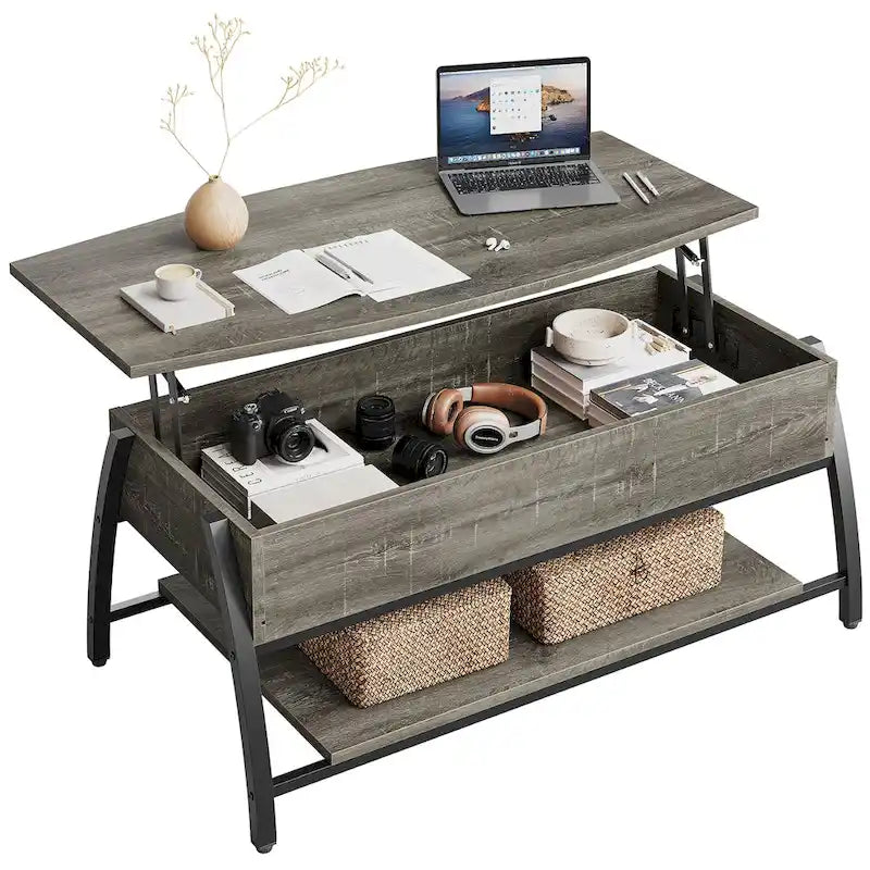 Lift Top Coffee Table Oval Wood Table with Hidden Storage Shelves - 41.5 inch