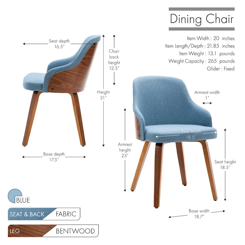 Dining Chairs Set of 2, Fabric Upholstery, Bentwood Legs