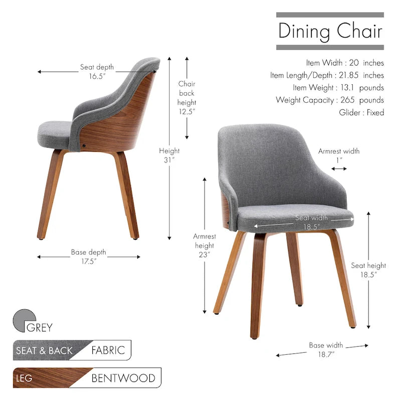 Dining Chairs Set of 2, Fabric Upholstery, Bentwood Legs