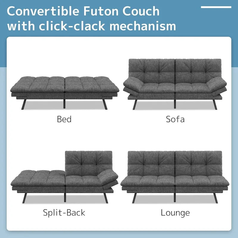 Futon Sofa Bed, Memory Foam Foldable Couch Convertible Loveseat Sleeper Daybed with Adjustable Armrests for Small Space