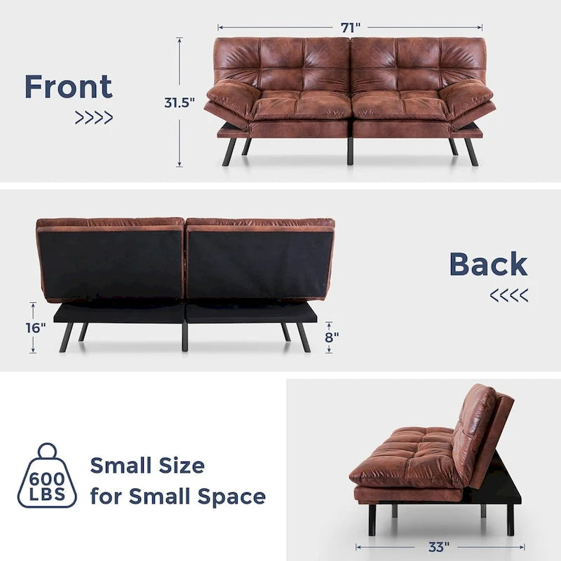 Futon Sofa Bed, Memory Foam Foldable Couch Convertible Loveseat Sleeper Daybed with Adjustable Armrests for Small Space