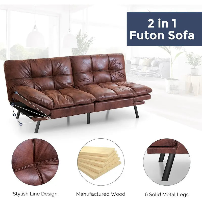 Futon Sofa Bed, Memory Foam Foldable Couch Convertible Loveseat Sleeper Daybed with Adjustable Armrests for Small Space