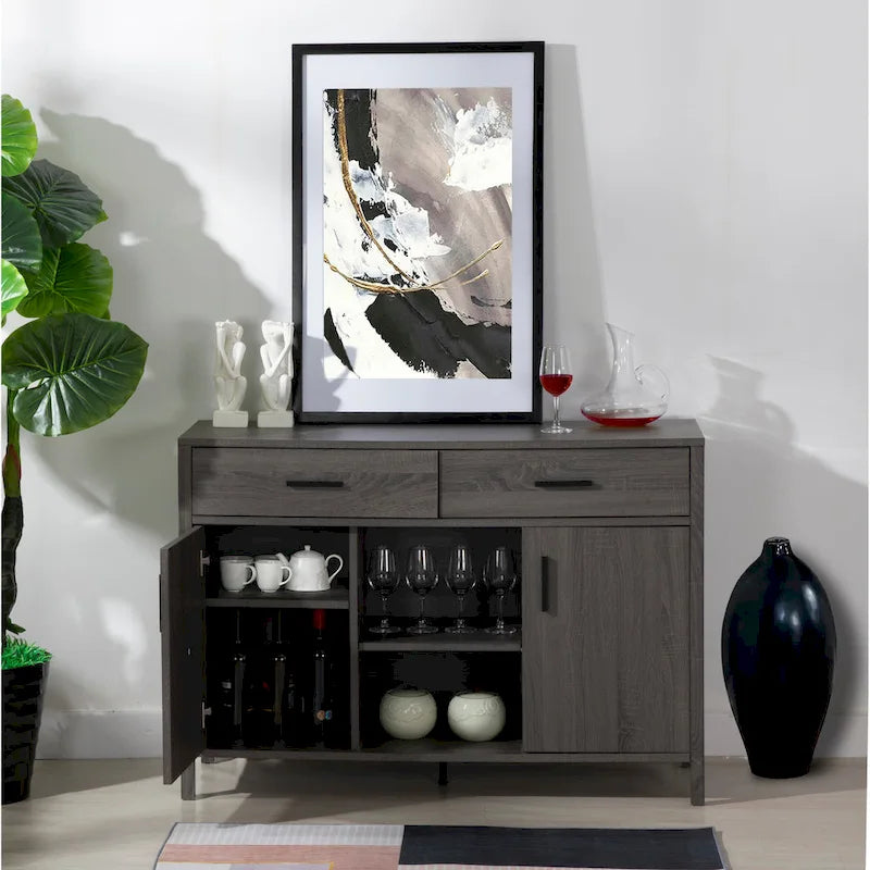 Q-Max 47W Sideboard Storage Cabinet, Dining Server Cupboard Buffet Table with Two Cabinets, Two Drawers, Two Open Shelves