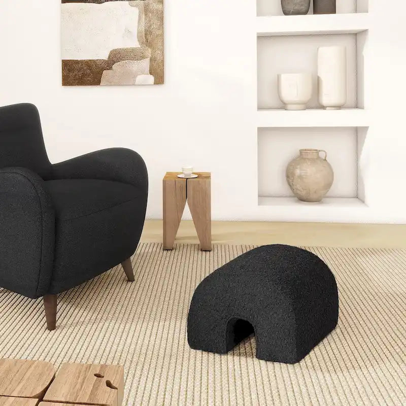 Boucle Faux Sherpa Upholstered Arched Footstool Ottoman
