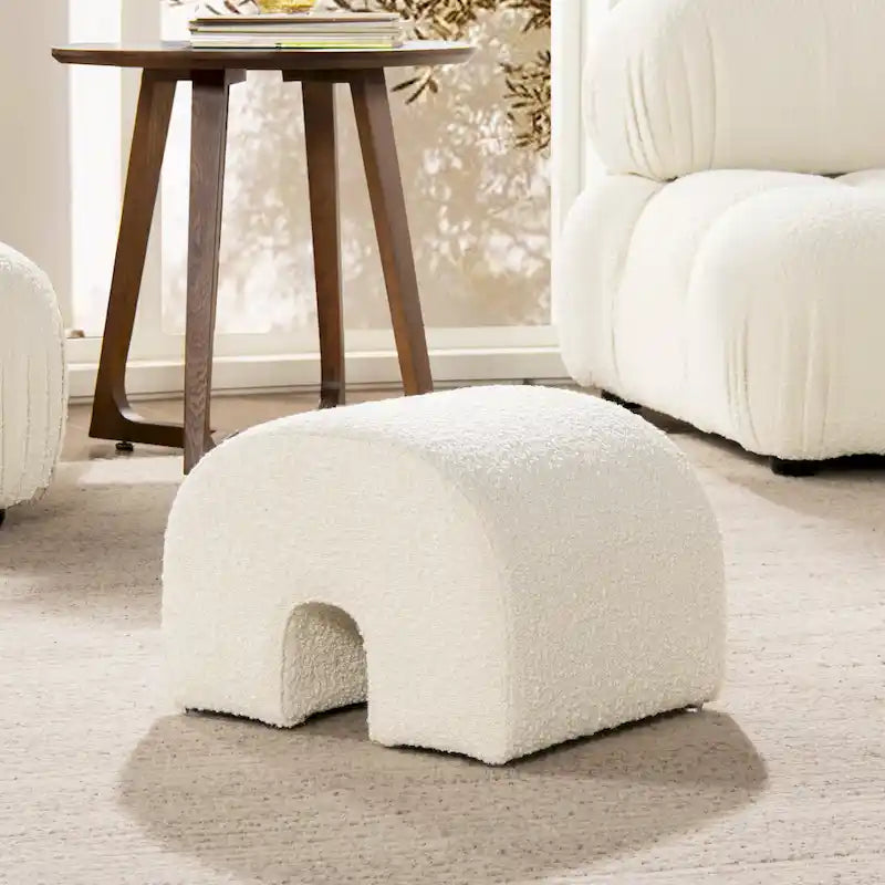 Boucle Faux Sherpa Upholstered Arched Footstool Ottoman