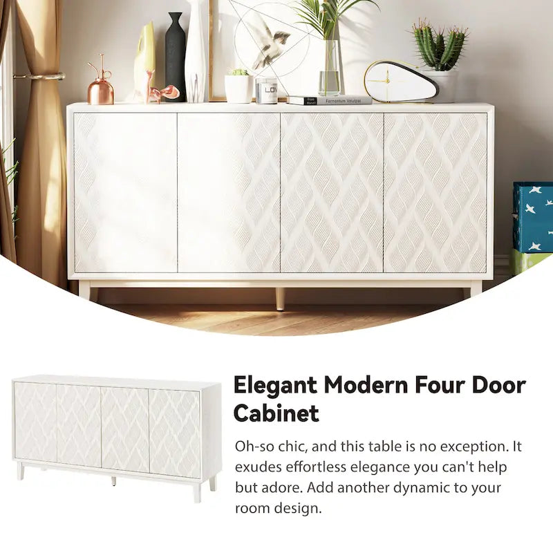 COZAYH Modern 4 Doors Cabinet with 3D Curved Motif and Push Latch, TV Stand, Sideboard Buffet Cabinet