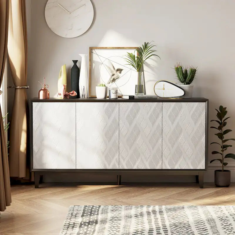COZAYH Modern 4 Doors Cabinet with 3D Curved Motif and Push Latch, TV Stand, Sideboard Buffet Cabinet