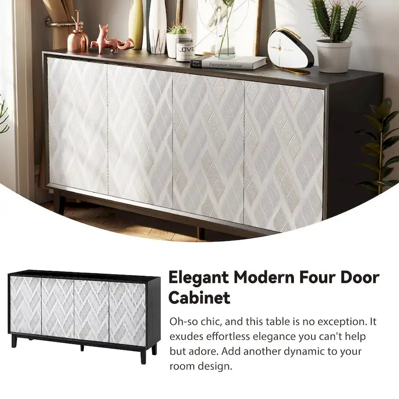 COZAYH Modern 4 Doors Cabinet with 3D Curved Motif and Push Latch, TV Stand, Sideboard Buffet Cabinet