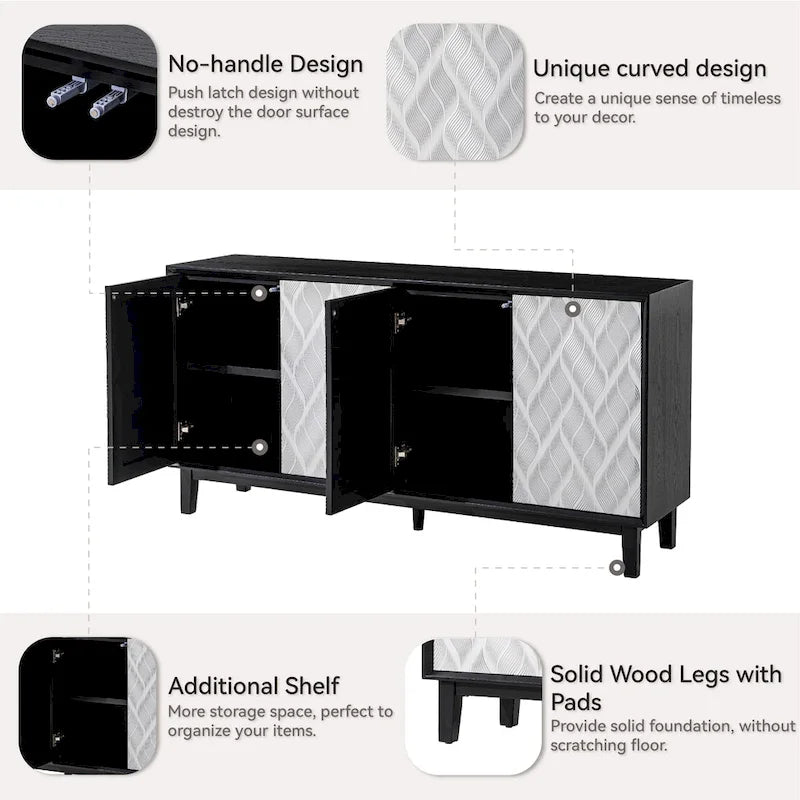 COZAYH Modern 4 Doors Cabinet with 3D Curved Motif and Push Latch, TV Stand, Sideboard Buffet Cabinet