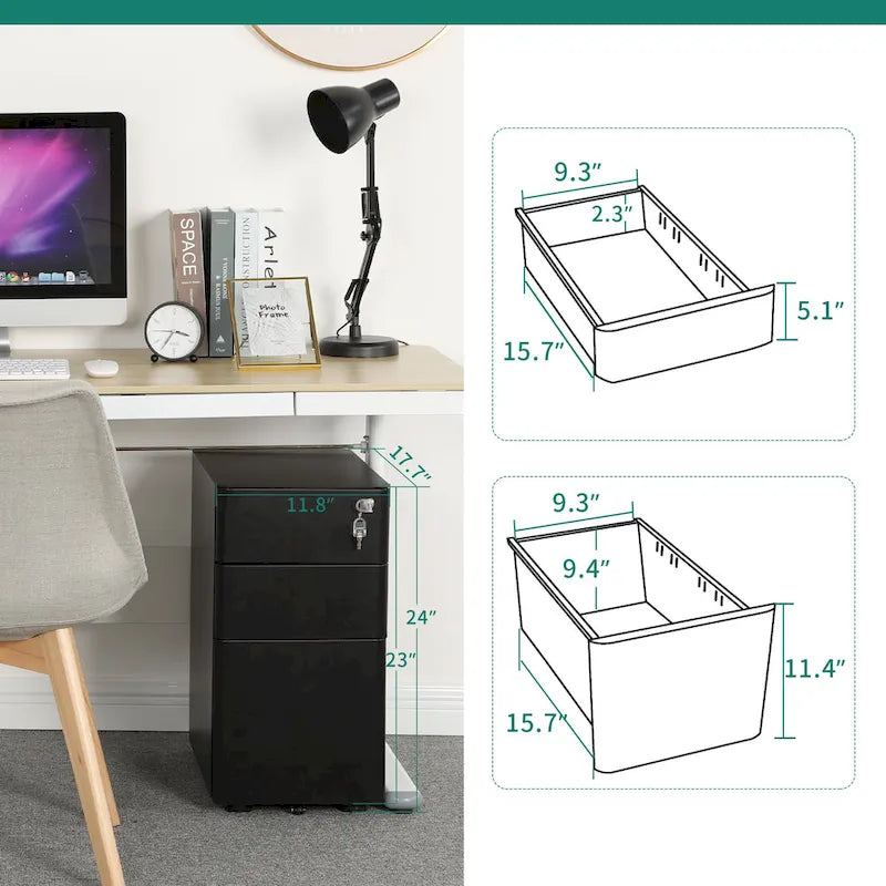 Modern 3-Drawer Mobile Steel File Cabinet