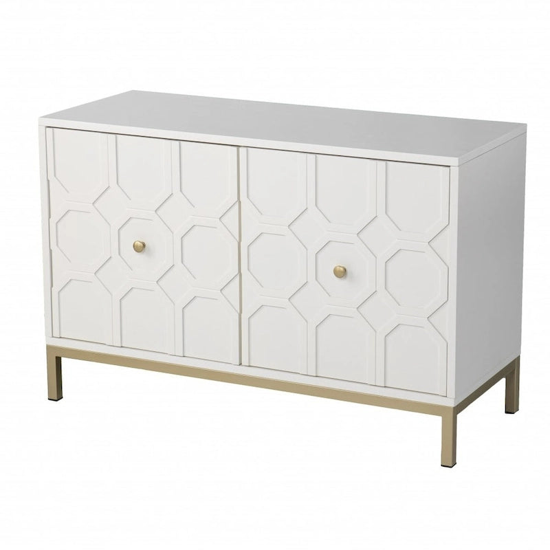 HomeRoots 40 White Carved Geometric Sideboard with Two Doors