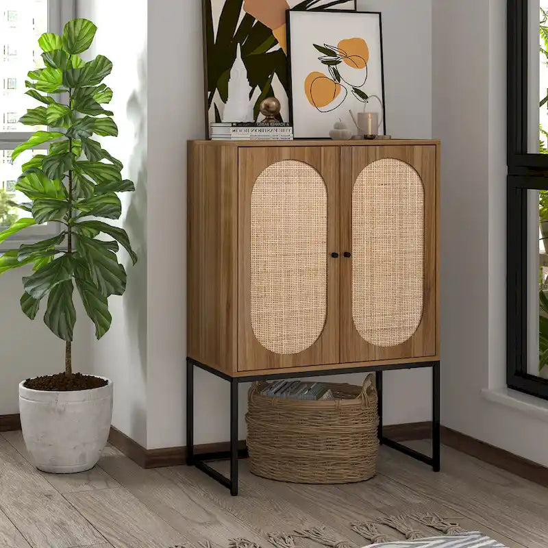 Rattan Decor Home Office Storage Cabinet, 2-Door Accent Cabinet with Adjustable Shelf - N/A