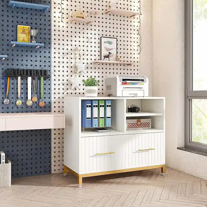 Lateral File Cabinet with Drawer, White Filing Cabinet for A4/Letter