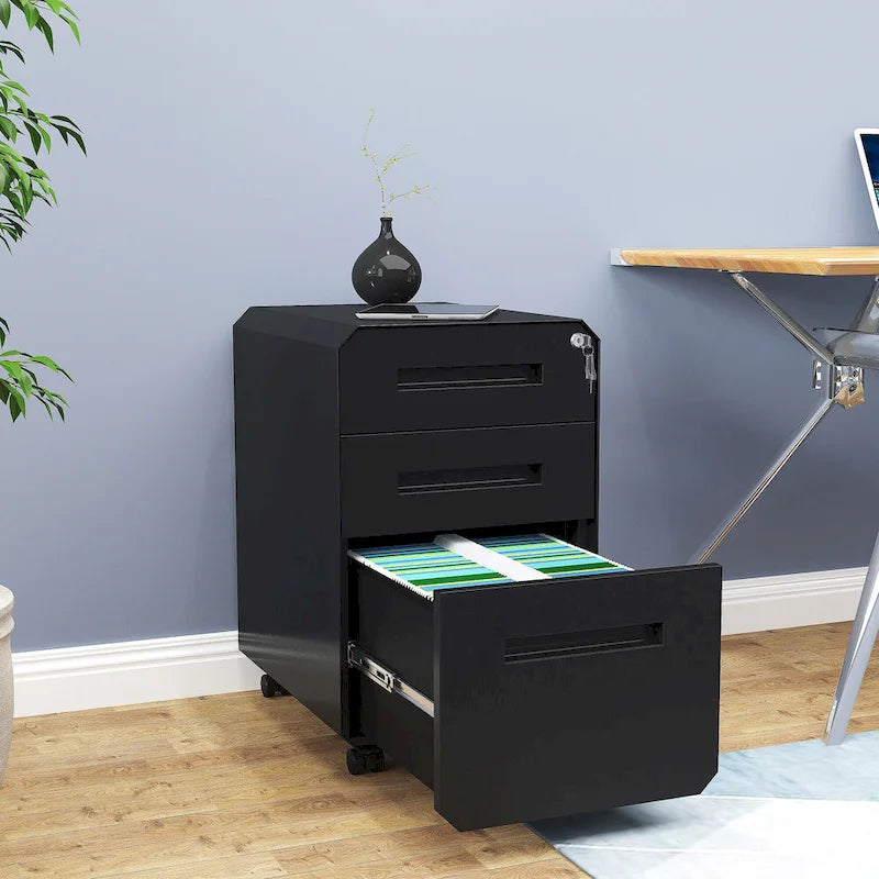 Modern Polygon 3-Drawer Wheeled Steel File Cabinet