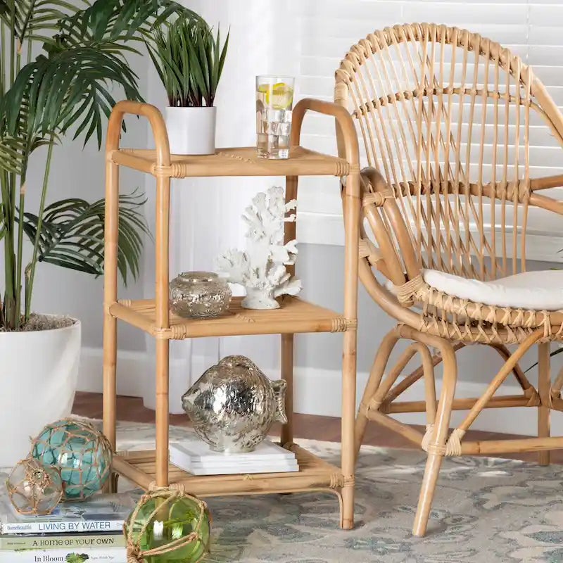 Barras Bohemian Natural Brown Finished Rattan 3-Tier Display Shelf