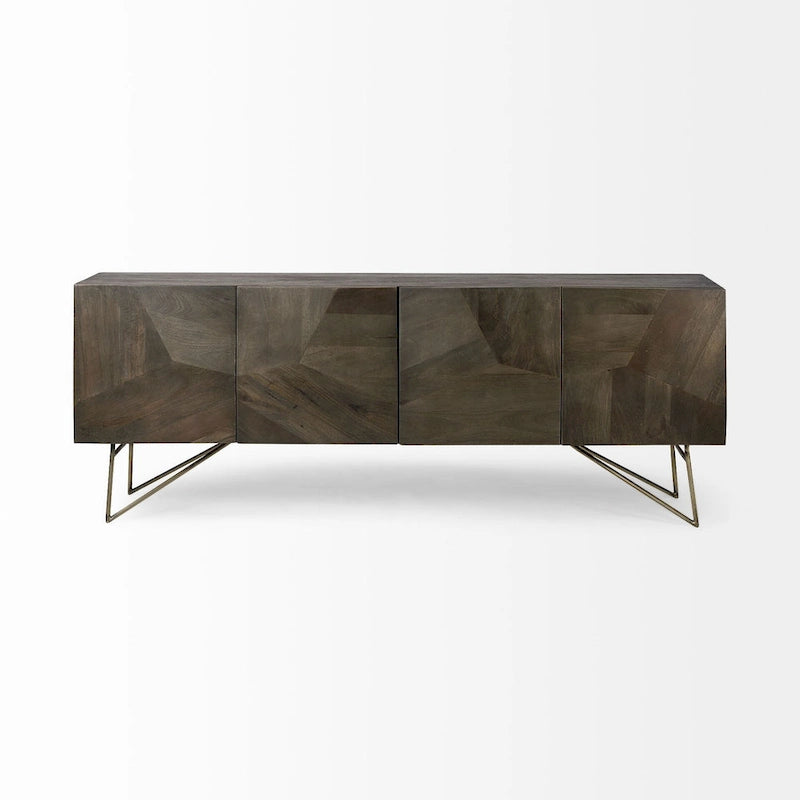 Darwin Brown Solid Wood Gold Metal Base 4 Cabinet Door Sideboard - 80.1L x 17.3W x 29.9H