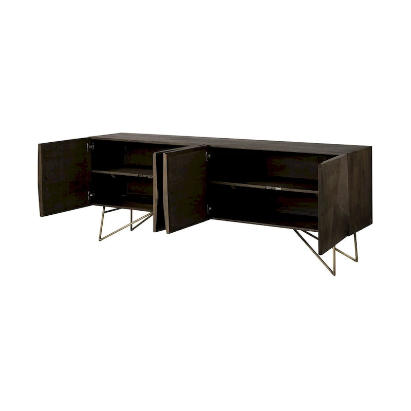 Darwin Brown Solid Wood Gold Metal Base 4 Cabinet Door Sideboard - 80.1L x 17.3W x 29.9H