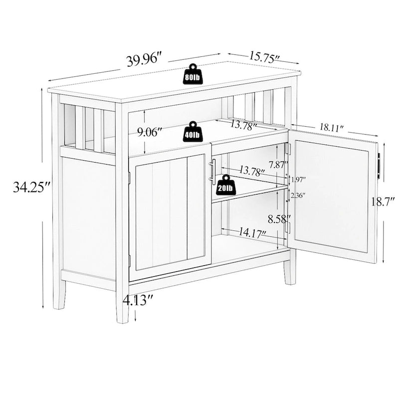 White Black Kitchen Storage Sideboard and Buffet Server Cabinet - 40WX16DX34H