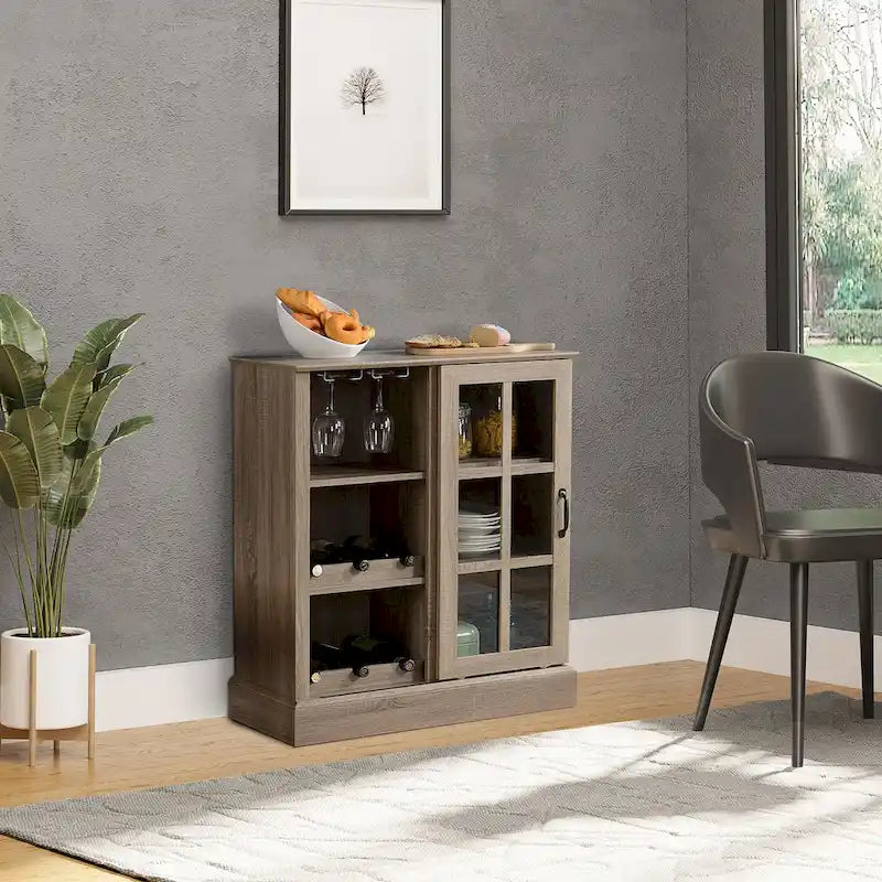 HOMCOM Sideboard with Sliding Glass Door, Bar Cabinet, Buffet Cabinet with 6-bottle Wine Rack and Stemware Racks, Brown
