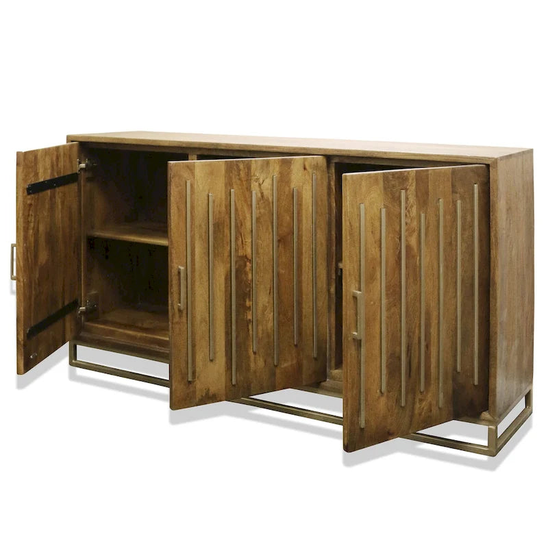 Harp & Finial Thackary Three Door Sideboard - Mango Wood and Metal - Walnut Finish