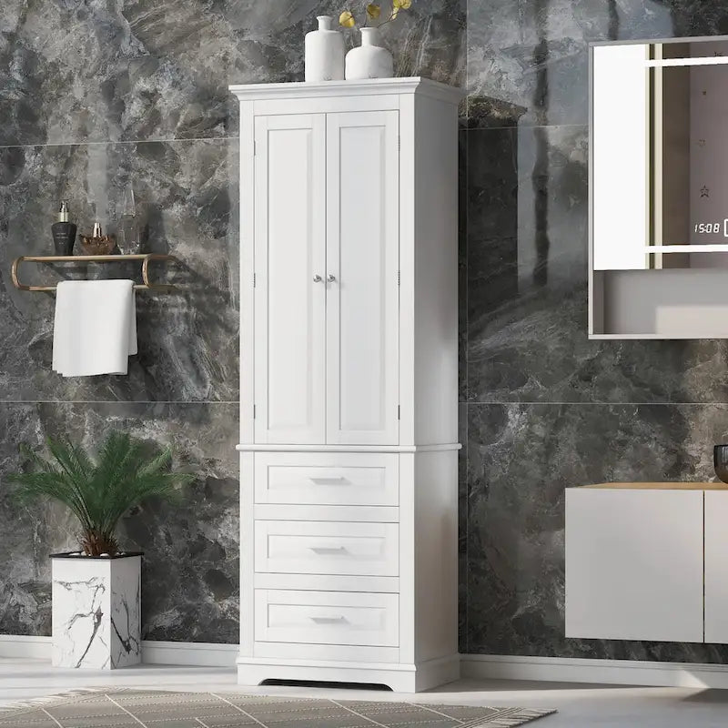White Tall Storage Cabinet with Three Drawers