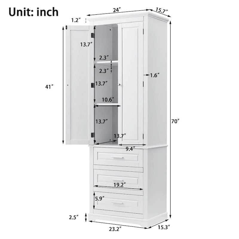 White Tall Storage Cabinet with Three Drawers