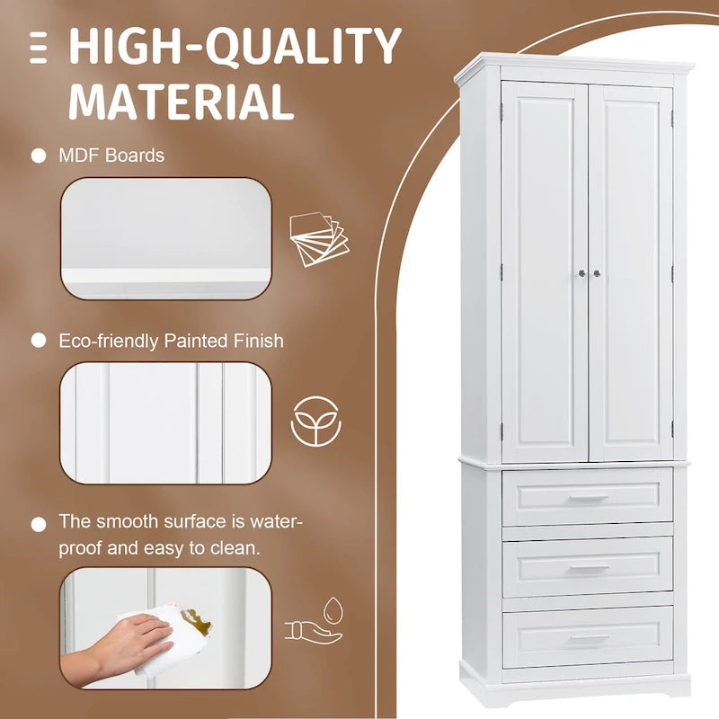 White Tall Storage Cabinet with Three Drawers