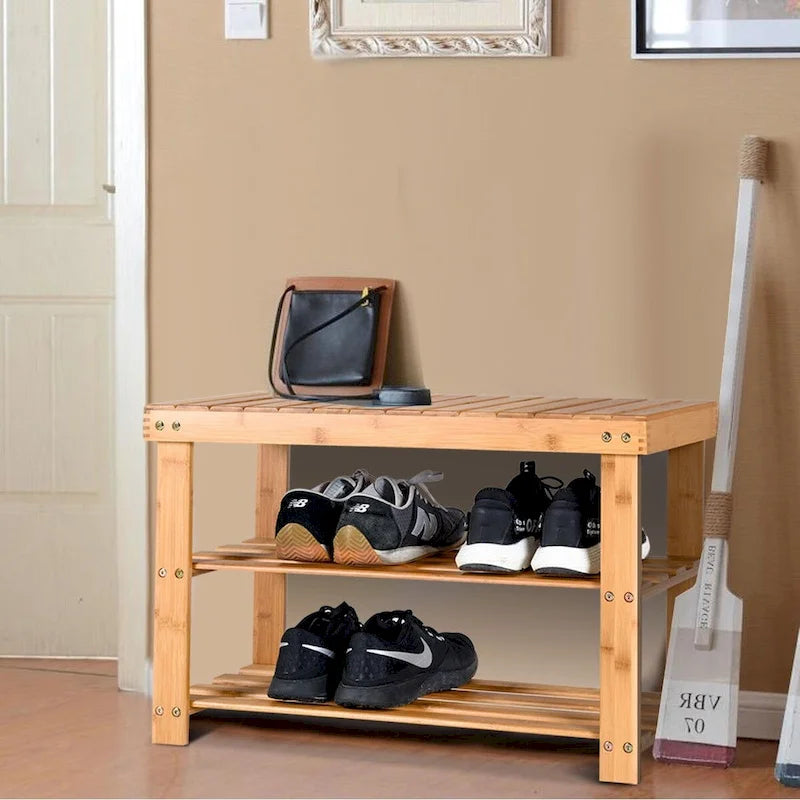2-Tier Bamboo Shoe Bench Entryway Storage Racks - 27.5L x 11.0W x 18.0H