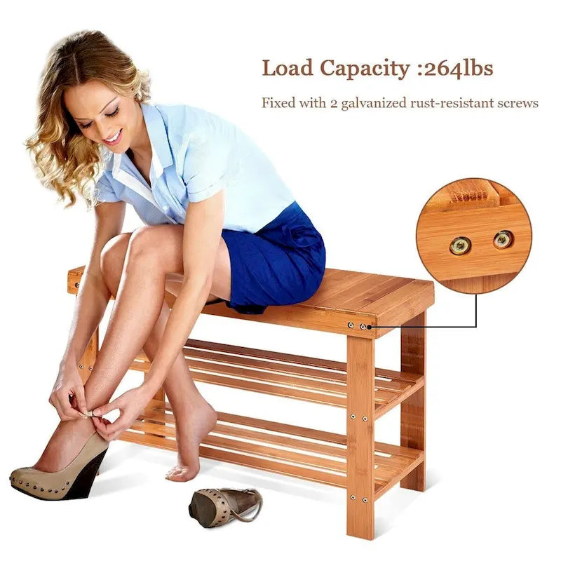 3 Tier Bamboo Bench Storage Shoe Shelf - 27.5 x 11 x 17.5 (L x W x H)