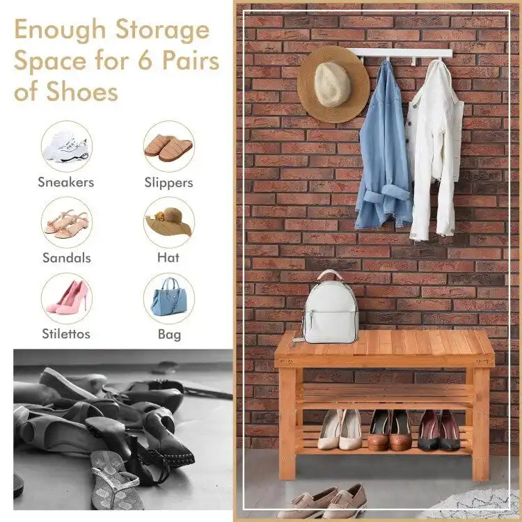 3 Tier Bamboo Bench Storage Shoe Shelf - 27.5 x 11 x 17.5 (L x W x H)