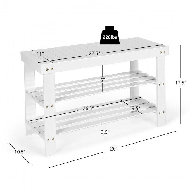 3 Tier Bamboo Bench Storage Shoe Shelf - 27.5 x 11 x 17.5 (L x W x H)