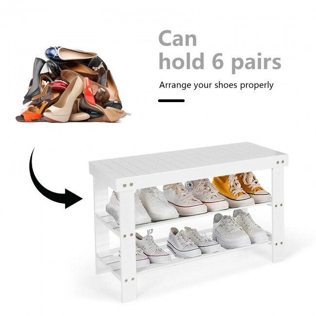 3 Tier Bamboo Bench Storage Shoe Shelf - 27.5 x 11 x 17.5 (L x W x H)