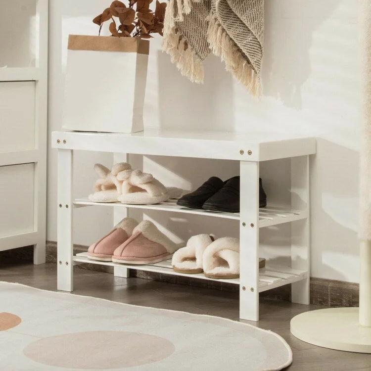 3 Tier Bamboo Bench Storage Shoe Shelf - 27.5 x 11 x 17.5 (L x W x H)