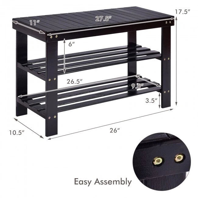 3 Tier Bamboo Bench Storage Shoe Shelf - 27.5 x 11 x 17.5 (L x W x H)