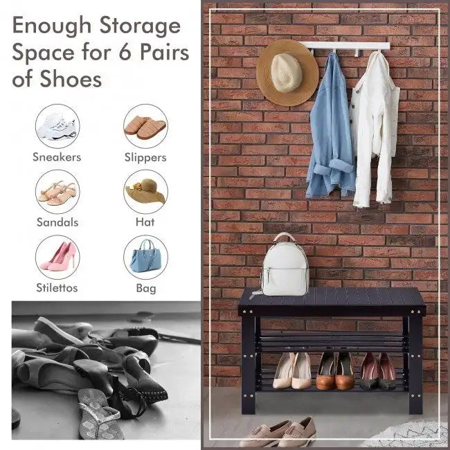 3 Tier Bamboo Bench Storage Shoe Shelf - 27.5 x 11 x 17.5 (L x W x H)