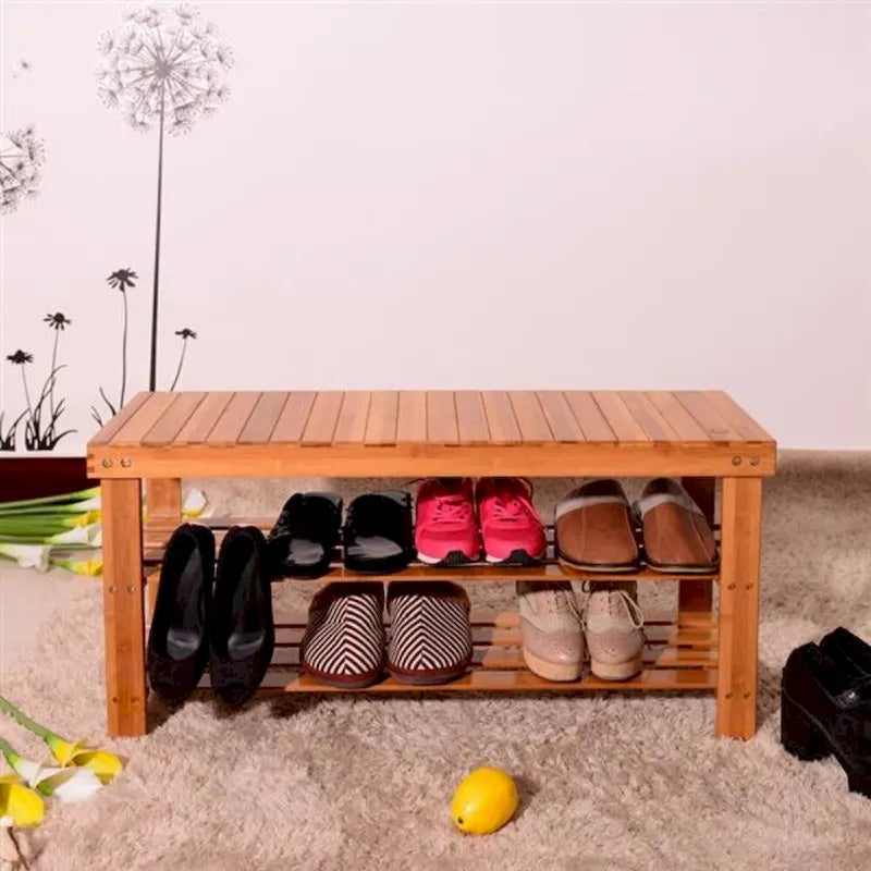 90cm Strip Pattern 3 Tiers Bamboo Stool Shoe Rack Wood Color - 35.43 x 11.02 x 17.72