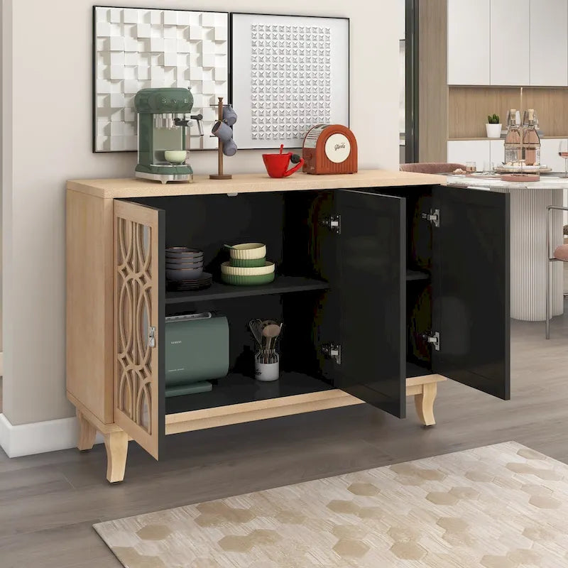 Sideboard with Glass Doors, 3 Door Mirrored Buffet Cabinet with Silver Handle - N/A