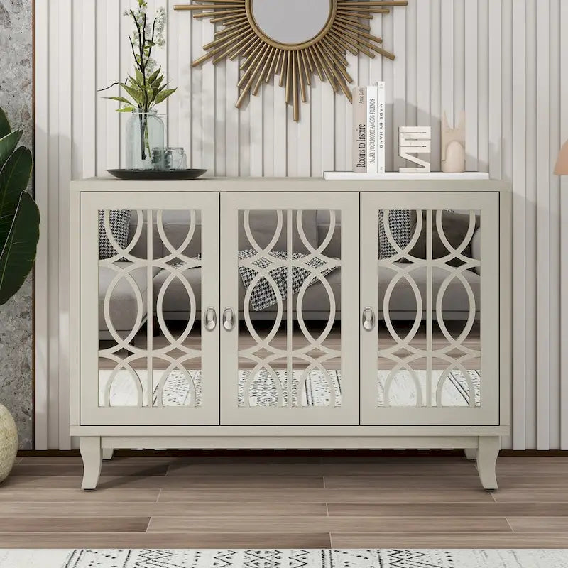 Sideboard with Glass Doors, 3 Door Mirrored Buffet Cabinet with Silver Handle - N/A