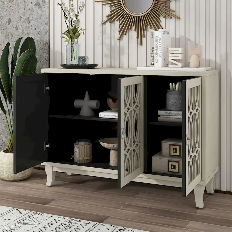 Sideboard with Glass Doors, 3 Door Mirrored Buffet Cabinet with Silver Handle - N/A