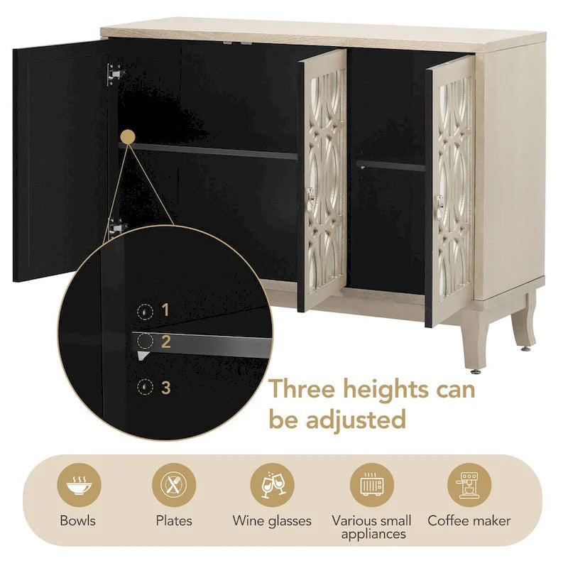 Sideboard with Glass Doors, 3 Door Mirrored Buffet Cabinet with Silver Handle - N/A