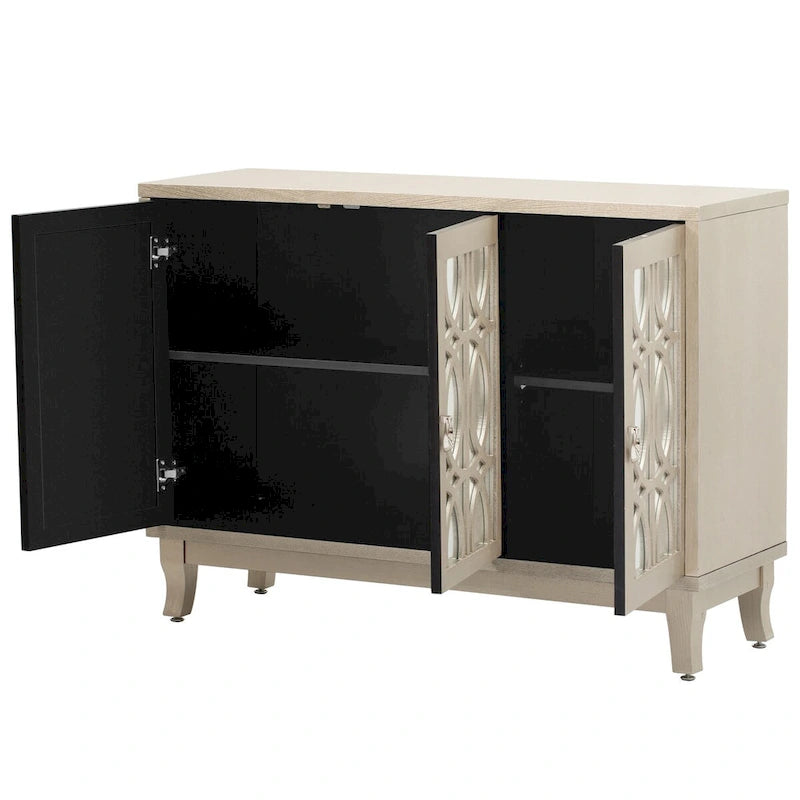 Sideboard with Glass Doors, 3 Door Mirrored Buffet Cabinet with Silver Handle - N/A