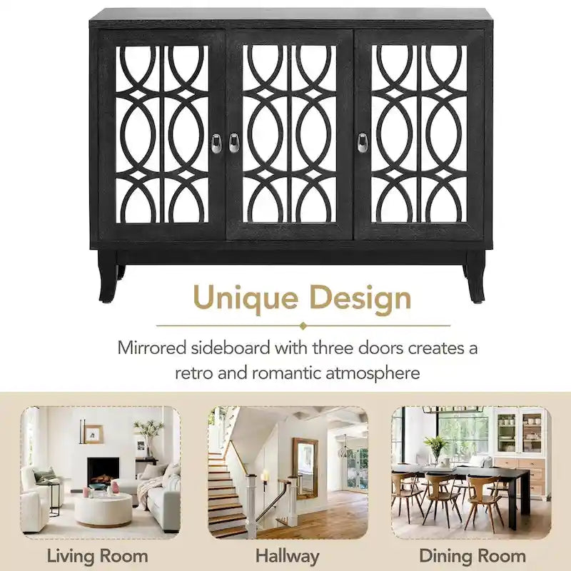 Sideboard with Glass Doors, 3 Door Mirrored Buffet Cabinet with Silver Handle - N/A
