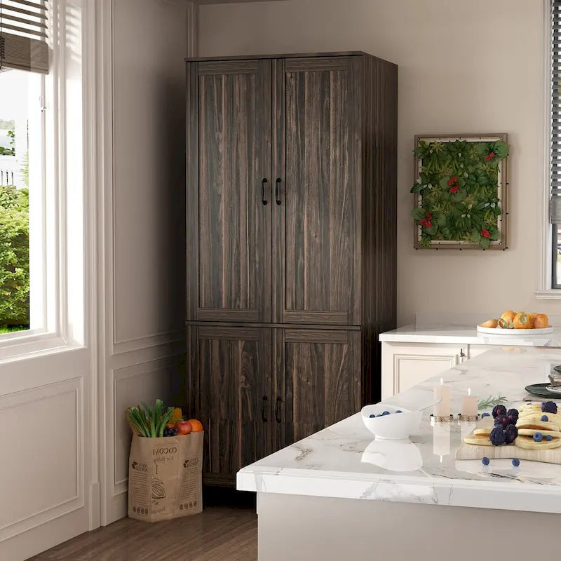 Dark Wood Grain Storage Cabinet Multi-functional Buffet Sideboard - 31.5Wx78.7Hx23.6D